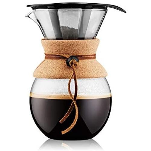 Bodum 11571-109 Pour Over Coffee Maker with Permanent Filter, Glass, 34 Ounce, 1 Liter, Cork Band