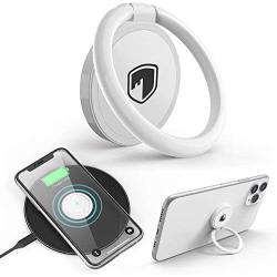 Phone Ring Holder Wireless Charging Compatible - FITFORT 360° Rotation Anti-Scratch Ceramic Ring Grip Compatible with All Wireless Charging Cell Phones-White