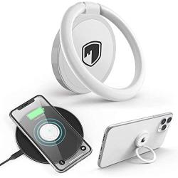 Phone Ring Holder Wireless Charging Compatible - FITFORT 360° Rotation Anti-Scratch Ceramic Ring Grip Compatible with All Wireless Charging Cell Phones-White