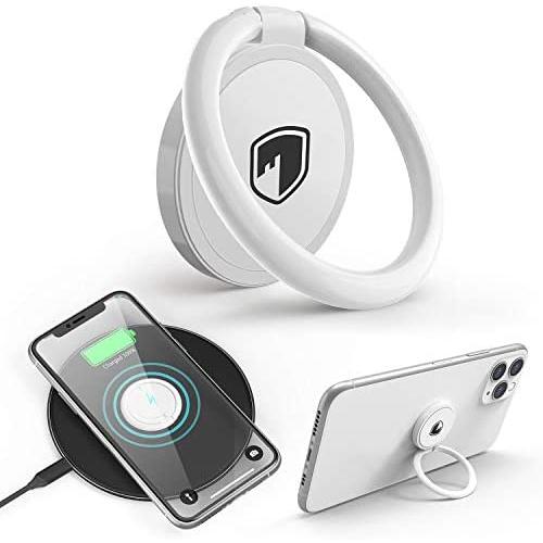 Phone Ring Holder Wireless Charging Compatible - FITFORT 360° Rotation Anti-Scratch Ceramic Ring Grip Compatible with All Wireless Charging Cell Phones-White