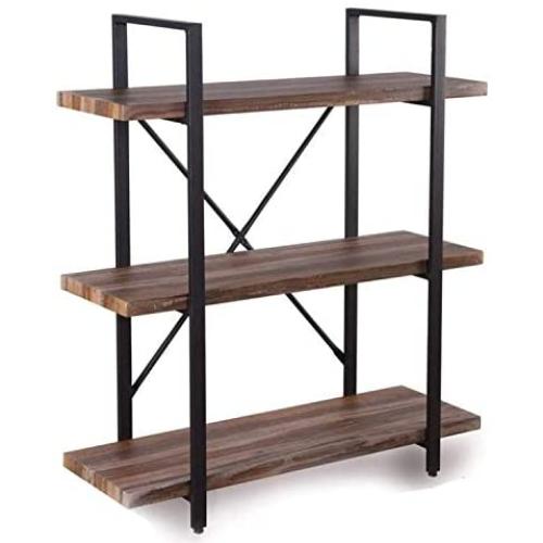 Homissue 3-Tier Industrial Bookcase and Book Shelves, Vintage Wood and Metal Bookshelves, Retro Brown