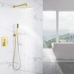 KES Shower System 10 Inches Rain Shower Head with Handheld Shower Faucets Sets Complete Pressure Balance Shower Valve and Trim Kit Brushed Brass, XB6230-BZ