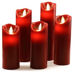 Vinkor Flameless Candles Battery Operated Candles 4'' 5'' 6'' 7'' 8'' Set of 5 Burgundy Real Wax Pillar LED Candles with 10-Key Remote and Cycling 24 Hours Timer