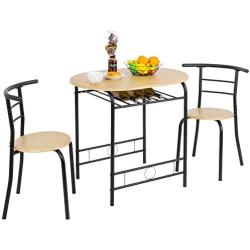 VINGLI 3 Piece Dining Set Small Dining Table and 2 Chairs Kitchen Breakfast Dining Table Set with Metal Frame and Wine Rack (Natural)