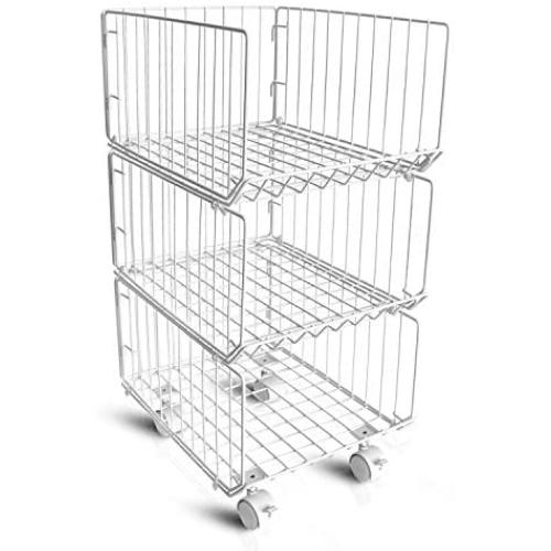 Storage Organizer, Foldable Stackable Storage Bins 3 Tiers Rolling Metal Wire Cart Baskets with 4 Wheels DIY Closet Organizer for Bathroom Bedroom Kitchen Living Room Office