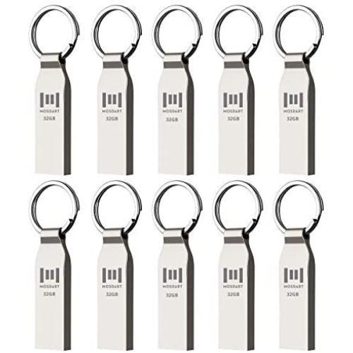 10 X 32GB Metal USB 2.0 Flash Drives Waterproof Bulk Thumb Drive Jump Drive Pen Drive Memory Stick with Keyring,Silvery(32G,10pack)