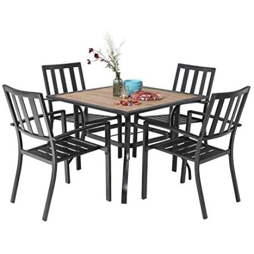 MFSTUDIO 5 Piece Patio Dining Set Metal Patio Armrest Dining Stackable Chairs and Larger Square Table Set, 37'' Square Bistro Table and 4 Backyard Garden Chairs - Umbrella Hole 1.57''