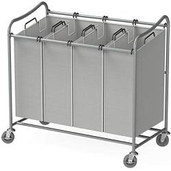 Simple Houseware 4-Bag Heavy Duty Laundry Sorter Rolling Cart, Silver