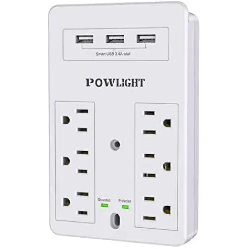 Multi Plug Outlet, Surge Protector, POWLIGHT USB Wall Charger with 3 USB Ports(Smart 3.4A Total), 6-Outlet Extender and Top Phone Holder for Your Cell Phone, White, ETL Listed
