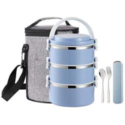 YBOBK HOME Stainless Steel Lunch Box Thermal Hot Leakproof Japanese Round Cylinder Triple Stackable Solid Bento Lunch Box with Insulated Bag and Portable Flatware Utensil Set for Adults (Blue)