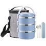 YBOBK HOME Stainless Steel Lunch Box Thermal Hot Leakproof Japanese Round Cylinder Triple Stackable Solid Bento Lunch Box with Insulated Bag and Portable Flatware Utensil Set for Adults (Blue)