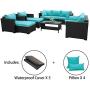 Rattaner Outdoor PE Wicker Furniture Set 7 Pieces Patio Garden Conversation Cushioned Seat Couch Sofa Chair Set-Turquoise Cushion