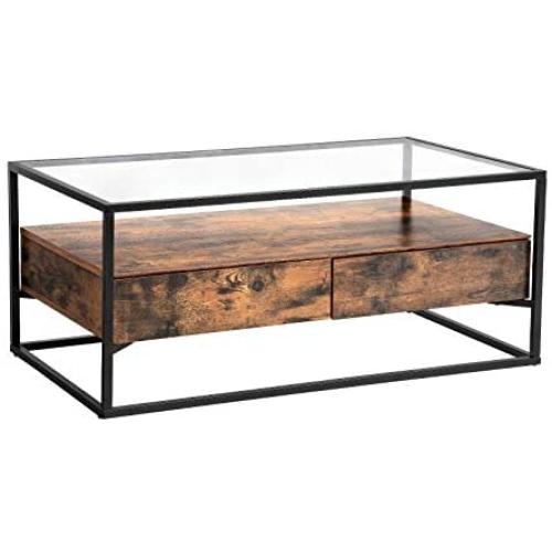 VASAGLE GLATAL Glass Coffee Table with 2 Drawers, Tempered Glass Top with Storage Shelf, Living Room, Lounge, Stable Steel Frame, Industrial, Rustic Brown and Black ULCT31BXV1