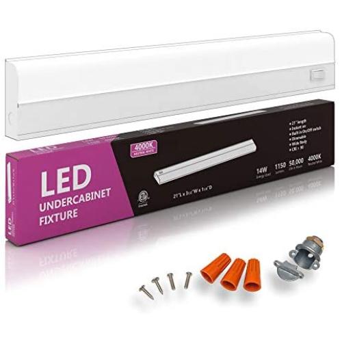Hardwired LED Under Cabinet Task Lighting - 14 Watt, 21'', Dimmable, 4000K (Cool White), Wide Body, Long Lasting Metal Base with Frost Lens