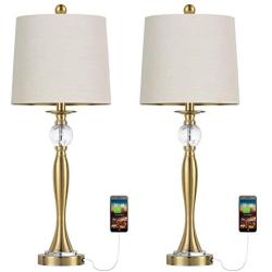 BOBOMOMO USB Metal Crystal Table Lamp 28 Set of 2 Modern Living Room Bedroom Nightstand Bedside Desk Lamp(Gold)