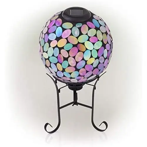 Alpine Corporation Outdoor Solar Powered Pink Glass Mosaic Gazing Globe with LED Lights and Metal Stand, Violet