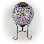 Alpine Corporation Outdoor Solar Powered Pink Glass Mosaic Gazing Globe with LED Lights and Metal Stand, Violet