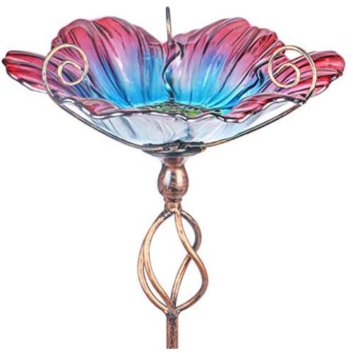 MUMTOP 31 Inch Height Glass Birdbath Birdfeeder with Metal Stake Garden Yard Outdoor