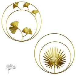 Tinsow Iron Wall Sculptures,Gold Metal Palm, Canna Leaf Wall Decor Round Wall Ornaments,Easy Installation Great for Bedroom Hanging Parts Hotel Wall Decoration (Gold Rounded, 2)