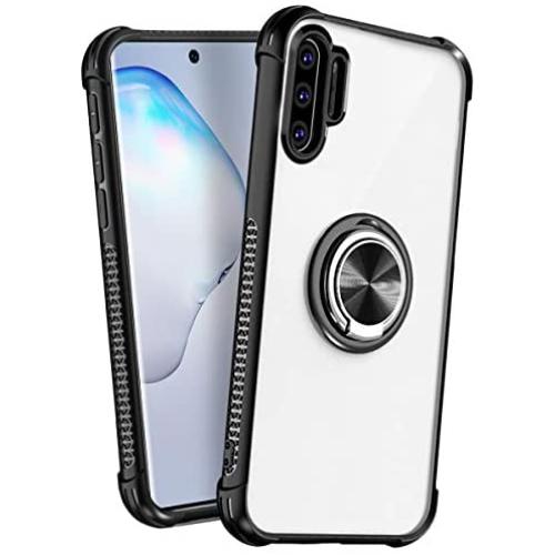 Galaxy Note 10+ Plus Case,Crystal Clear Carbon Fiber Design Armor Protective Case with 360 Degree Rotation Finger Ring Grip Holder Kickstand [Work with Magnetic Car Mount] for Galaxy Note 10+,#2Black