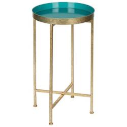 Kate and Laurel Celia Round Metal Foldable Tray Accent Table, Teal with Gold Base