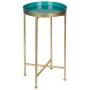 Kate and Laurel Celia Round Metal Foldable Tray Accent Table, Teal with Gold Base