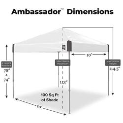 E-Z UP Ambassador Instant Shelter Canopy, 10 x 10, Roller Bag and 4 Piece Spike Set, Steel Gray