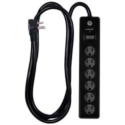 GE Outlet Surge Protector, 6 Ft Extension Cord, Power Strip, 800 Joules, Twist-To-Close Safety Covers, Black, 33661, 6 ft, 6 Ft