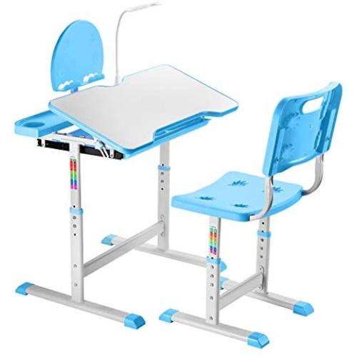 Kids Desk and Chair Set, Height Adjustable Students Desk with Tilt Desktop & Metal Hook & LED Lamp & Book-Stand and Storage Drawer for Boys Girls Blue