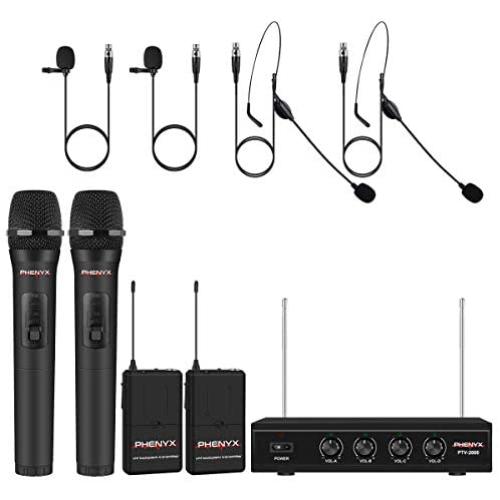 Wireless Microphone System, Phenyx Pro 4-Channel VHF Wireless Microphone Set with 2 Handhelds/2 Bodypacks/2 Lapels/ 2 Headset, Metal Receiver, Ideal for Church, Meeting, Conference(PTV-2000B)