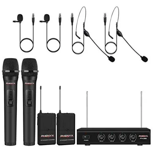 Wireless Microphone System, Phenyx Pro 4-Channel VHF Wireless Microphone Set with 2 Handhelds/2 Bodypacks/2 Lapels/ 2 Headset, Metal Receiver, Ideal for Church, Meeting, Conference(PTV-2000B) Wireless Microphone System, Phenyx Pro 4-Channel VHF Wireless Microphone Set with 2 Handhelds/2 Bodypacks/2 Lapels/ 2 Headset, Metal Receiver, Ideal for Church, Meeting, Conference(PTV-2000B)