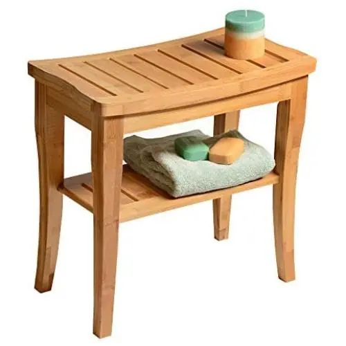 Premium Bamboo Shower Bench with Shelf - Wooden 2-Tier Bathroom and Shoe Organizer with Storage Shelf Premium Bamboo Shower Bench with Shelf - Wooden 2-Tier Bathroom and Shoe Organizer with Storage Shelf