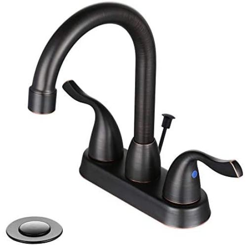 DESFAU Bathroom Faucet Bronze, 360 Degree Swivel Centerset Bathroom Faucet, 3 Hole Two Handle Bathroom Faucet, Bathroom Vanity Sink Faucets with Metal Drain Assembly