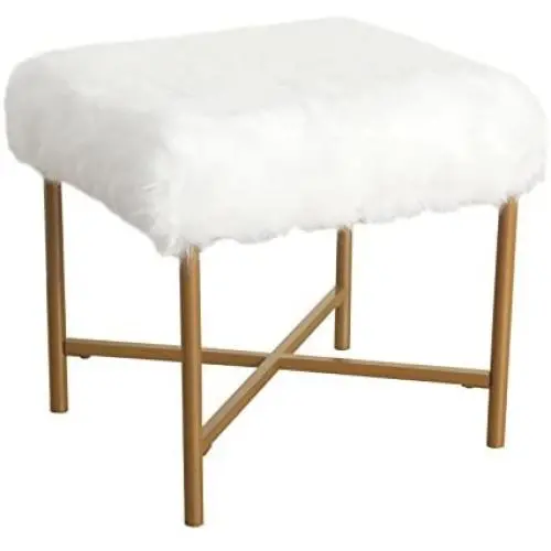 HomePop Faux Fur Square Stool with Metal Legs, White HomePop Faux Fur Square Stool with Metal Legs, White