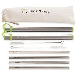 4 Reusable Stainless Steel Metal Straws with Case - Drinking Straws 8.5'' for 20 24 30 oz Tumblers Yeti - 2 Cleaning Brushes and Travel Bag Included, by LIME SKIES