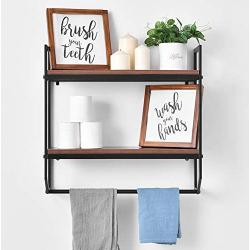 Bathroom Shelves Rustic Wall Shelf with Metal Wall Mounted Wood Shelving,Floating Shelves Towel Rack Storage Shelf Rack(2-Tier) (Black Bracket & Brown Shelves)