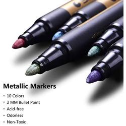 Metallic Marker Pens, Set of 10 Yongqiang Metallic Coloring Markers Drawing Pen for Rock Painting, Black Paper, Gift Card Making, Scrapbooking, Fabric, Metal, Ceramics, Wine Glass