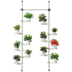 Indoor Plant Storage, FOME Metal Spring Double Pole Stand Corner Flower Display Rack Plant Storage Shelf Hanging Plant Stand Planter Rack Indoor with 12 Trays 2 Hooks 1 Telescopic Rod