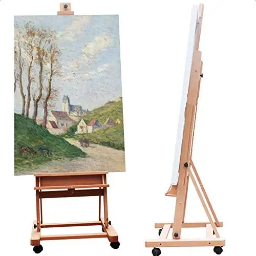 ShowMaven Multi-Function Studio Artist Easel, H-Frame Extra Large 360-Degree Spinner Wheel Rolling Adjustable Height, Red Beech Wood Studio Painting Stand ShowMaven Multi-Function Studio Artist Easel, H-Frame Extra Large 360-Degree Spinner Wheel Rolling Adjustable Height, Red Beech Wood Studio Painting Stand