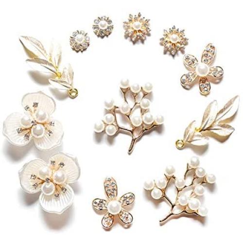 12Pcs Rhinestone Pearl Embellishments,Pearl Flower Buttons Brooch Alloy Pendants for Jewelry Making, Wedding DIY Supplies, Clothes, Bags, Shoes and Sew Craft Projects