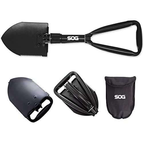 SOG Folding Shovel Survival Shovel – Entrenching Tool 18.25 Inch Foldable Shovel Camping Shovel w/ Wood Saw Edge and Tactical Shovel Carry Case (F08-N),black