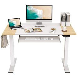 FEZIBO Dual Motor Height Adjustable Electric Standing Desk with Keyboard Tray, 48 x 24 Inch Sit Stand Table with Splice Board, White Frame/Natural and White Top