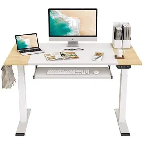 FEZIBO Dual Motor Height Adjustable Electric Standing Desk with Keyboard Tray, 48 x 24 Inch Sit Stand Table with Splice Board, White Frame/Natural and White Top FEZIBO Dual Motor Height Adjustable Electric Standing Desk with Keyboard Tray, 48 x 24 Inch Sit Stand Table with Splice Board, White Frame/Natural and White Top