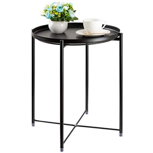 CERBIOR Tray End Table, Round Metal Tray Table Side Sofa Table Anti-Rust and Waterproof Outdoor & Indoor Snack Table Accent Coffee Table Black
