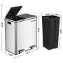 SONGMICS 16 Gallon Step Trash Can, Double Recycle Pedal Bin, 2 x 30L Garbage Bin with Plastic Inner Buckets and Carry Handles, Fingerprint Proof Stainless Steel, Slow Close ULTB60NL