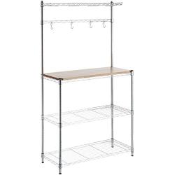 Amazon Basics Kitchen Storage Bakers Rack with Wood Table, Chrome/Wood - 63.4'' Height