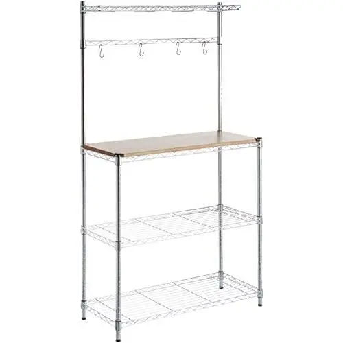 Amazon Basics Kitchen Storage Bakers Rack with Wood Table, Chrome/Wood - 63.4'' Height Amazon Basics Kitchen Storage Bakers Rack with Wood Table, Chrome/Wood - 63.4'' Height