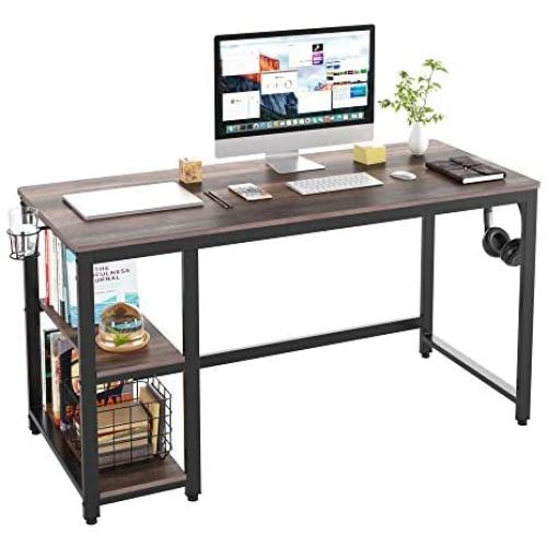 HOMECHO Industrial Computer Desk with 2 Shelves, 55 inch Writing Desk with Storage, Wood Laptop Study Table with Headphone & Cup Holder for Home Office, Sturdy Metal Frame, Easy Assembly, Dark Brown
