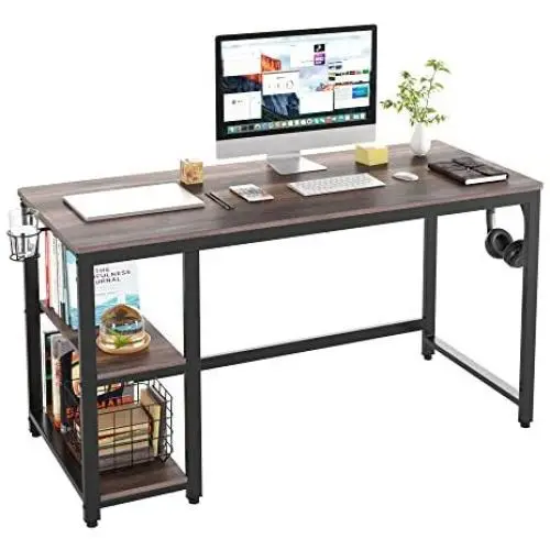 HOMECHO Industrial Computer Desk with 2 Shelves, 55 inch Writing Desk with Storage, Wood Laptop Study Table with Headphone & Cup Holder for Home Office, Sturdy Metal Frame, Easy Assembly, Dark Brown HOMECHO Industrial Computer Desk with 2 Shelves, 55 inch Writing Desk with Storage, Wood Laptop Study Table with Headphone & Cup Holder for Home Office, Sturdy Metal Frame, Easy Assembly, Dark Brown