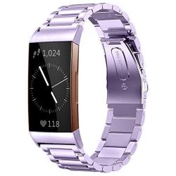 Shangpule Compatible for Fitbit Charge 3 / Fitbit Charge 4 / Fitbit Charge 3 SE Bands, Stainless Steel Metal Replacement Strap Wrist Band Compatible for Charge 3 Fitness Tracker Large Small (Purple)